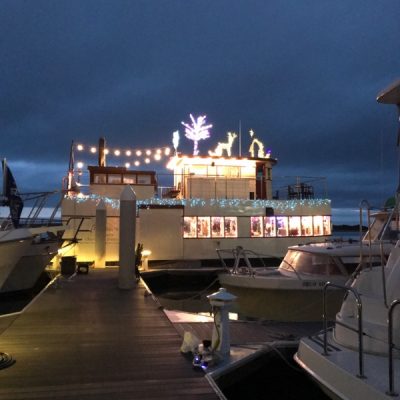 Chablis decorated for the holidays dockside